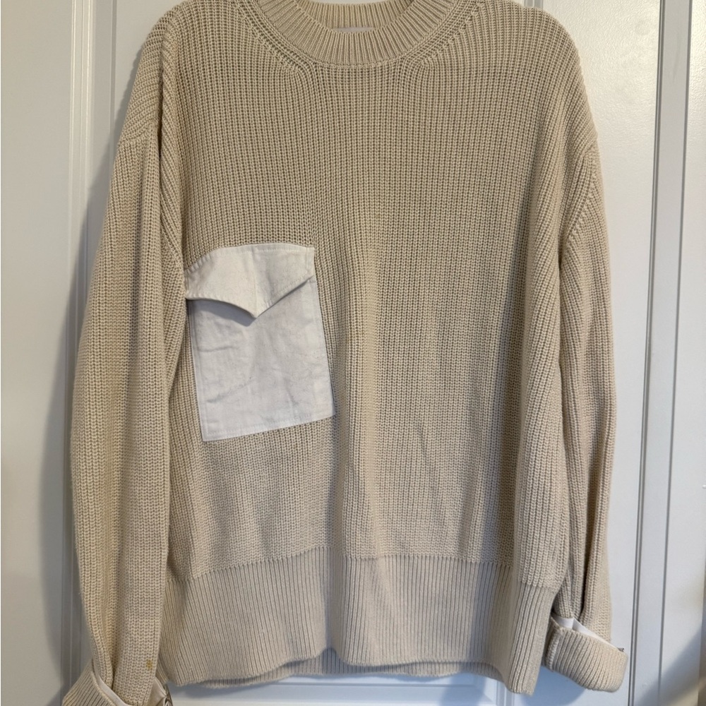 Zara Women's Beige Crewneck Sweater with White Pocket